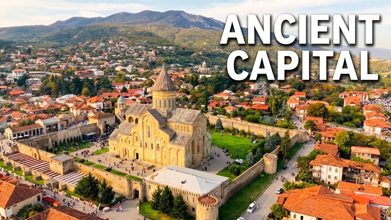 Aerial view of Mtskheta and Svetitskhoveli Cathedral
